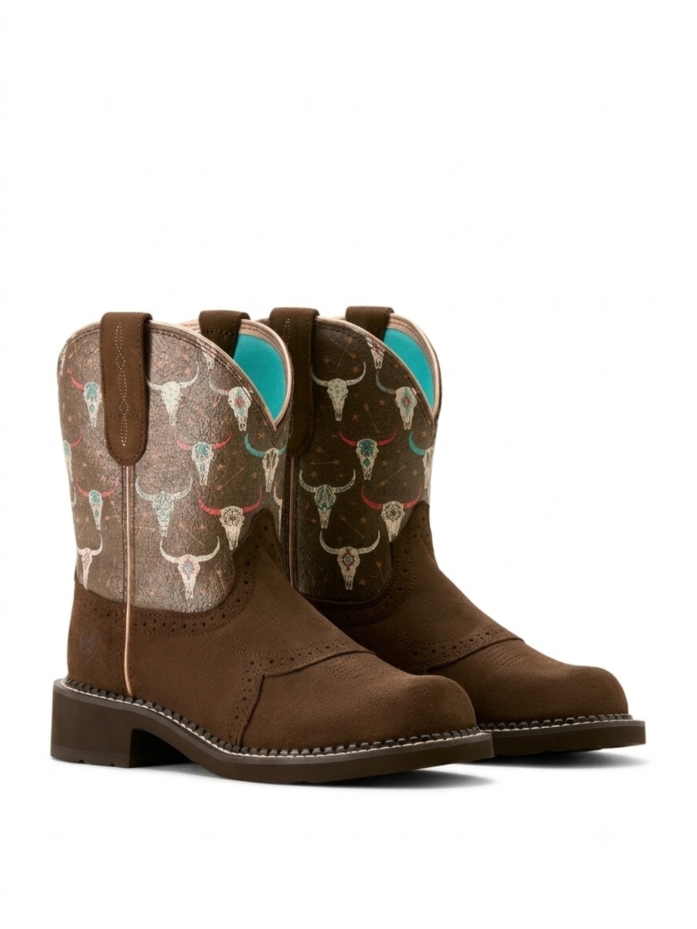 Ariat Brown Cowboy Boots Size 6.5 Turquoise Lining and Steer Skull Print NIB